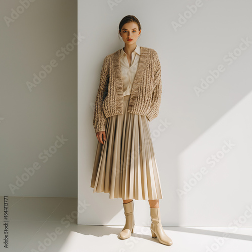 woman in cream blouse and pleated skirt with chunky cardigan