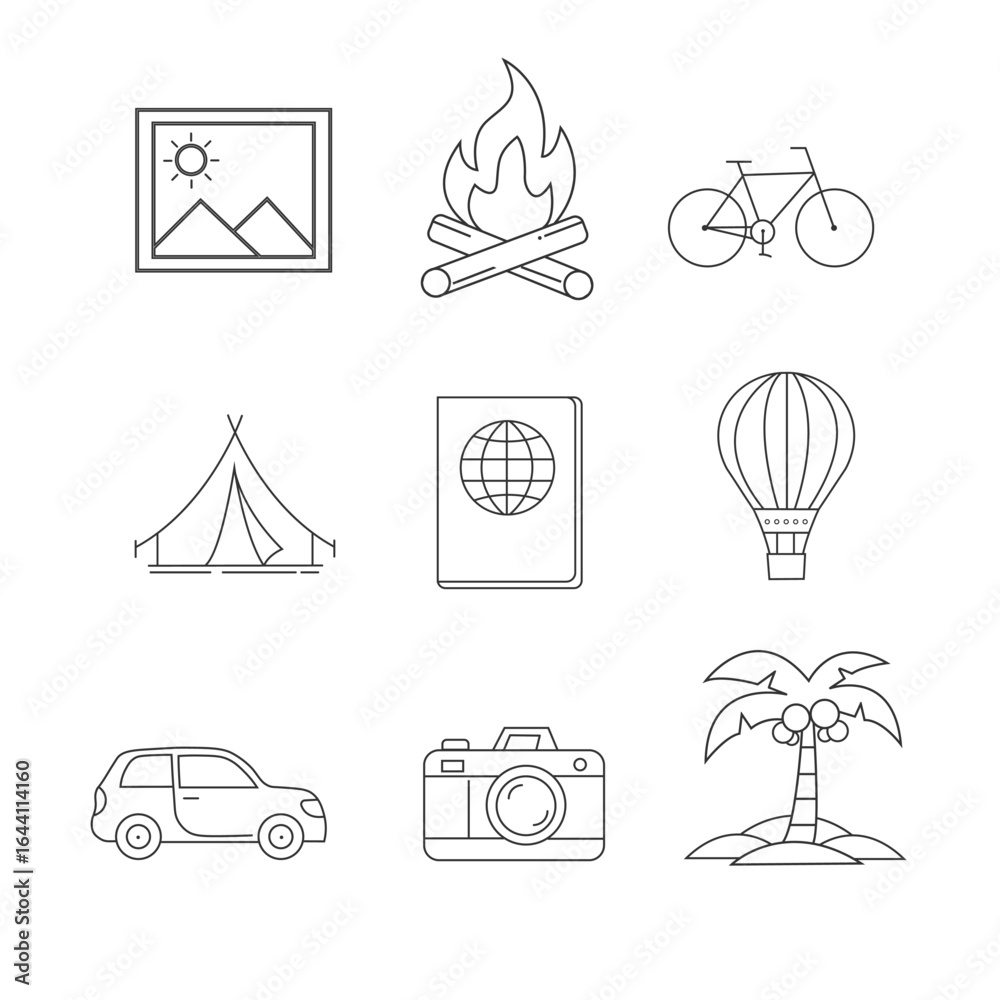 Fototapeta premium Adventure Travel and Outdoor Activities Line Art Icon Set for Vacations and Exploration