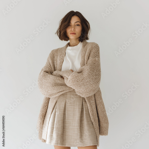 woman in cream knit sweater and skirt against white background