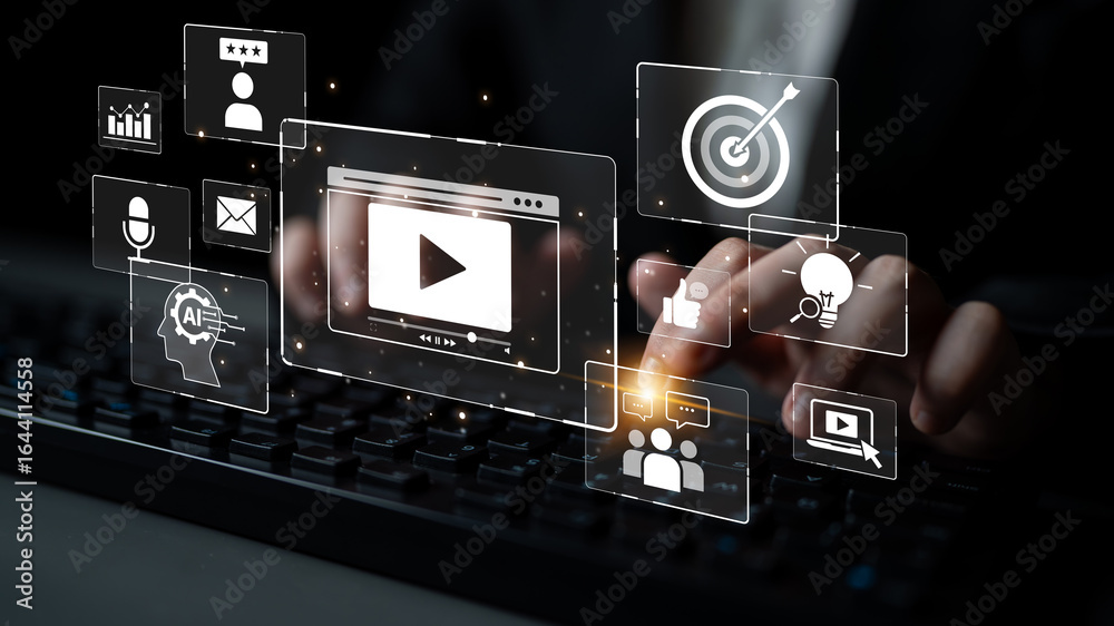 Fototapeta premium Video marketing helps businesses engage audiences with video marketing tools, video marketing strategies, video marketing trends, and success. Spline