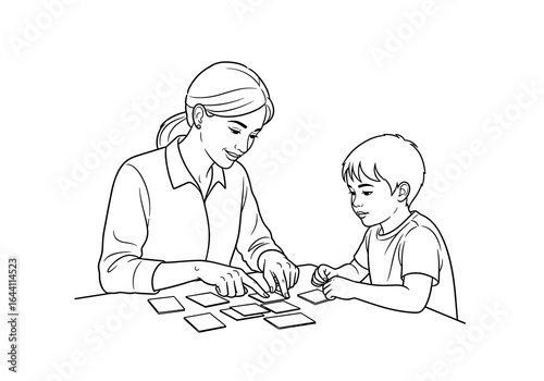 Speech therapist working with a child using flashcards, focusing on language skills development, sketch style