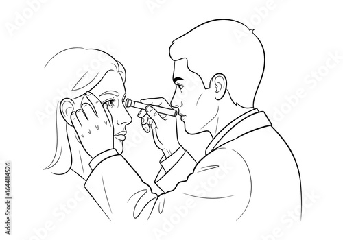 Eye doctor performing an eye examination on a patient, highlighting vision care and professionalism, sketch style