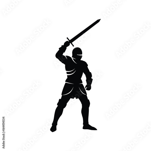Silhouette of Medieval Knight Raising Sword Black and White Vector Illustration