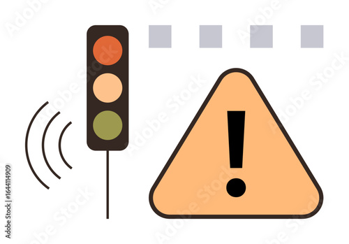 Red, yellow, green traffic light with waves, large triangle warning sign with exclamation mark, crosswalk blocks. Ideal for safety, caution, alertness, road signs transportation communication