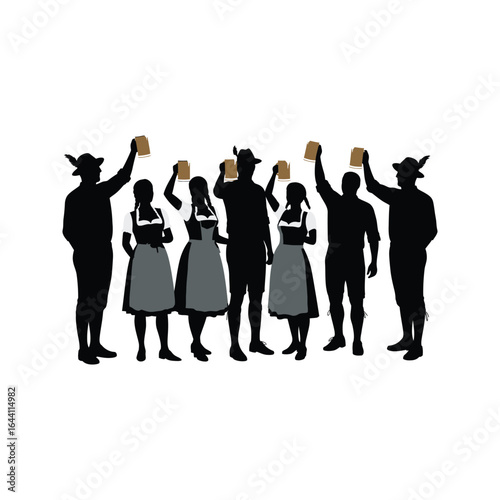 Silhouette of People in Traditional Bavarian Dirndl and Lederhosen Toasting with Beer Steins at Oktoberfest