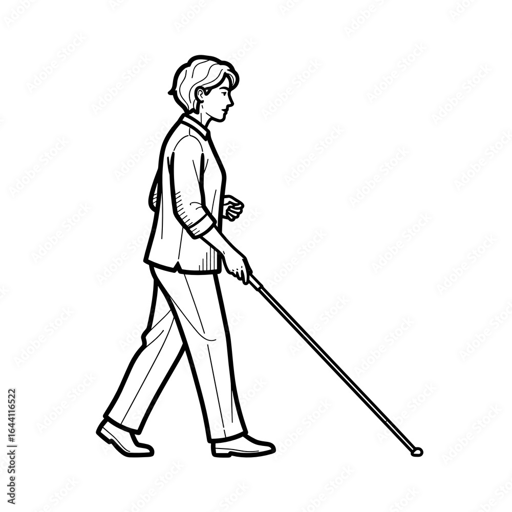 Blind woman walking confidently with a cane, showcasing mobility and independence, sketch style Blind woman walking confidently with a cane, showcasing mobility and independence, sketch style