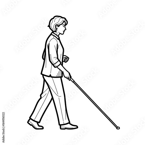 Blind woman walking confidently with a cane, showcasing mobility and independence, sketch style