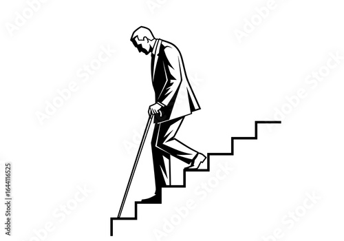 Blind man navigating stairs with a cane, demonstrating careful movement, sketch style