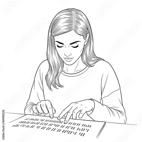 Blind woman reading a Braille text with focused determination, in a calm setting, sketch style