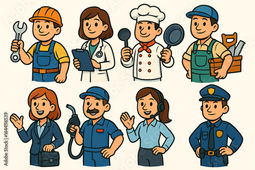 Colorful cartoon vector illustration of different professions
