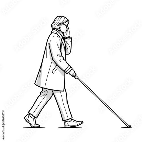 Blind woman walking with a cane in a confident manner, sketch style