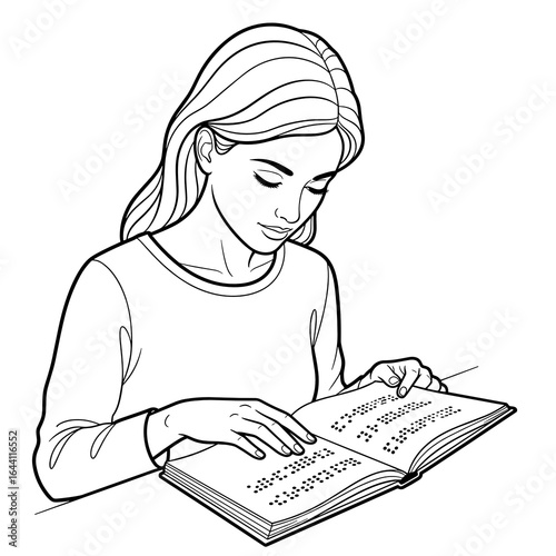 Blind woman reading a Braille book with focus in a serene environment, sketch style