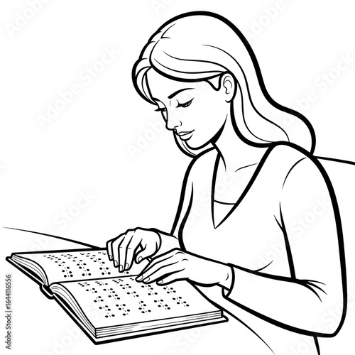 Blind woman reading a Braille book with concentration, in a cozy indoor setting, sketch style