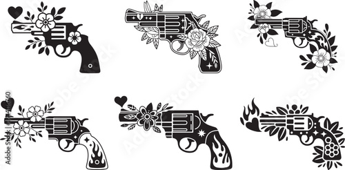Floral Revolver Vector Set – Decorative Gun Illustrations