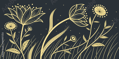 Abstract floral pattern design with decorative flowers and leaves in a seamless vintage background