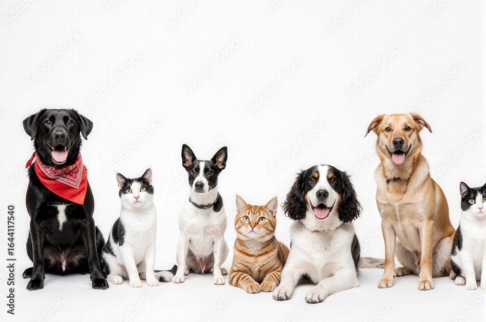 Fototapeta premium Group of dogs and cats sitting in a row against a white background