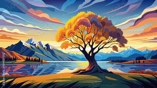 In the stillness of dawn, “That Wanaka Tree” rises gracefully from tranquil lake waters, its delicate branches painted in golden sunrise hues, mirrored perfectly on the glassy surface below.