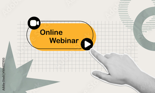 Vector halftone collage of real-time online webinar with video conference symbols and user interface icon elements for virtual learning, streaming, digital meeting and remote training