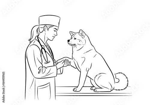 Veterinarian examining an Akita Inu dog with care in a clinic environment, sketch style