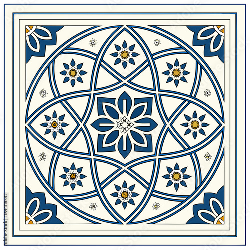 Traditional Arabic Geometric Pattern Vector – Seamless Islamic Art Design in Blue and Gold