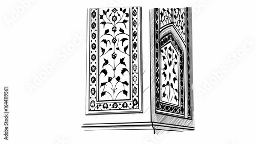 Illustration featuring two panels with floral and geometric designs in black and white ink style art |  editable eps vectors silhouette