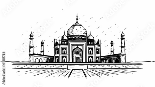 Detailed sketch of the taj mahal with surrounding towers and ground in black and white illustration style |  editable eps vectors silhouette
