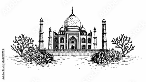 Illustration of the taj mahal with trees and bushes in a black and white sketch style drawing design |  editable eps vectors silhouette