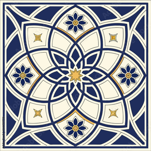 Traditional Arabic Geometric Pattern Vector – Seamless Islamic Art Design in Blue and Gold