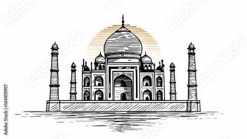 Illustration of the taj mahal mausoleum in india with a golden sun in the background design is detailed |  editable eps vectors silhouette