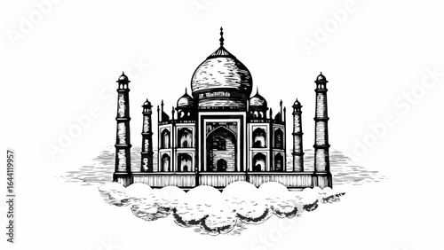 Monochrome sketch of the taj mahal with detailed architecture and cloud like base with hatching detail |  editable eps vectors silhouette