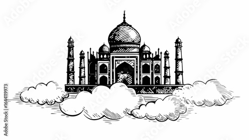 Illustration of the taj mahal with surrounding clouds in a black and white sketch style drawing art design |  editable eps vectors silhouette