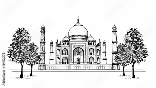 Illustration of the taj mahal with trees on either side in black and white sketch style drawing art |  editable eps vectors silhouette