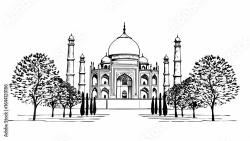 Illustration of the taj mahal with trees in the foreground in a black and white sketch style art style |  editable eps vectors silhouette
