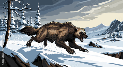 A wolverines runs across a snowy mountain landscape, its fur highlighted against the winter scene.