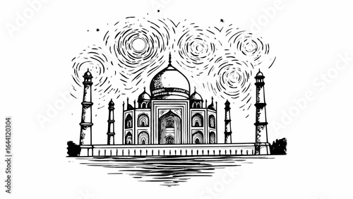 Illustration of the taj mahal with swirling sky and water reflection in black and white ink drawing style |  editable eps vectors silhouette