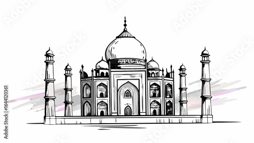 Illustration of the taj mahal with its iconic dome and minarets in a sketch style drawing with shadows |  editable eps vectors silhouette