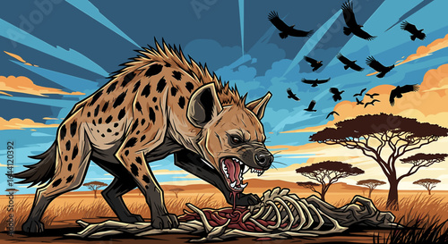 A fierce hyena tearing into a carcass under a vibrant sunset sky, surrounded by vultures.