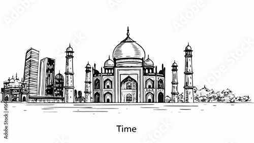 Monochrome skyline featuring the taj mahal alongside modern skyscrapers in a detailed sketch format image |  editable eps vectors silhouette