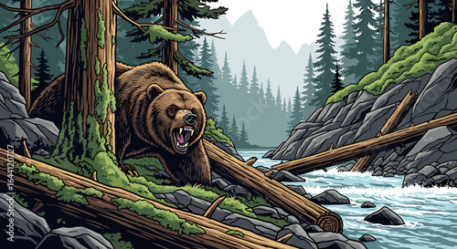 A grizzly bear, roaring, stands amidst a rocky forest stream bed, surrounded by fallen logs and lush greenery.
