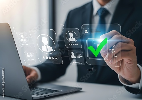 Business professional uses technology to manage human resources and achieve success with digital data analysis