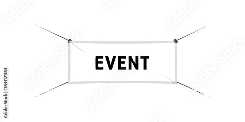 Rectangular banner stretched taut by four guy ropes on black background