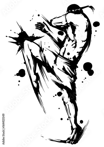 Muay Thai Fighter in Ink Wash Painting – Kickboxing Martial Arts Pose