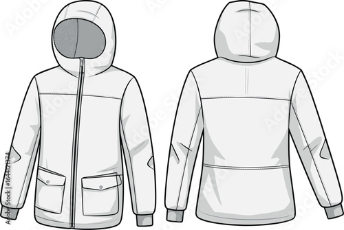 Hooded jacket front and back view, zipper closure, flap pockets, ribbed cuffs, upper back seam, cold weather design, fashion sketch