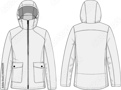 Hooded jacket front and back, flap pockets, button closure, curved hem, yoke detail, technical sketch, fashion design, apparel illustration
