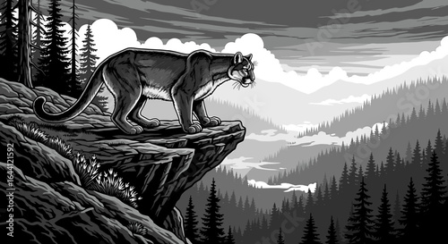 A cougar stands on a rocky cliff overlooking a vast mountainous landscape with trees and a river under a cloudy sky.