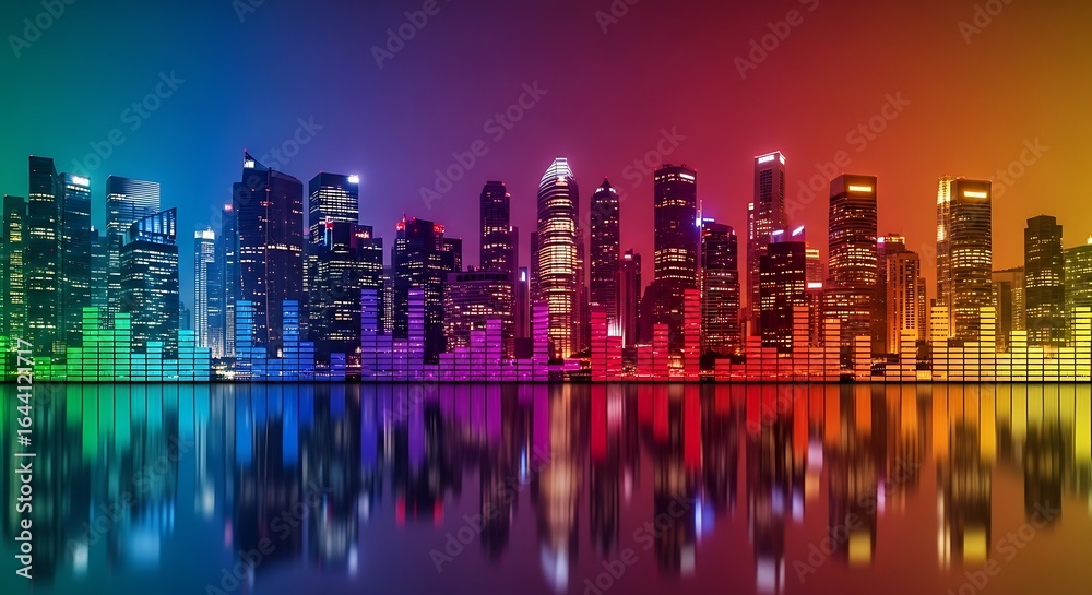Fototapeta premium Colorful city skyline reflecting on the water at night creates a vibrant and modern urban scene