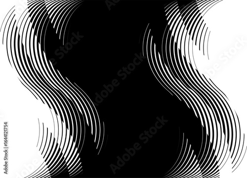 Two-sided Smooth vector transition from black to white. wavy thin lines. Divided two-color background. Striped Design element for covers, packaging, video. Vector background.
