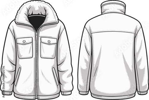 Jacket front and back view, fluffy collar, zipper closure, flap pockets, button detail, seam lines, fashion sketch, apparel illustration