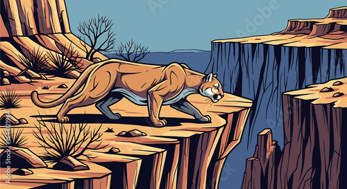 Majestic cougar surveys a vast canyon from a precarious cliff edge, showcasing its powerful presence against a dramatic desert landscape.