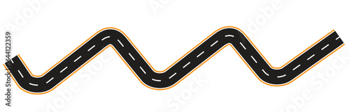 Wavy Curve road. Top view of racetrack. Empty highway asphalt road, Ariel View Road, Empty highway black asphalt road with dividing lines. Winding road from top view illustration. 